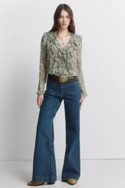 Blouse &agrave; volants imprim&eacute;e en gaze