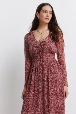Robe midi imprimé avec décolleté à volant