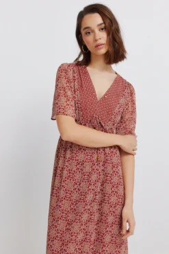 Robe midi imprim&eacute; frise d&eacute;collet&eacute;